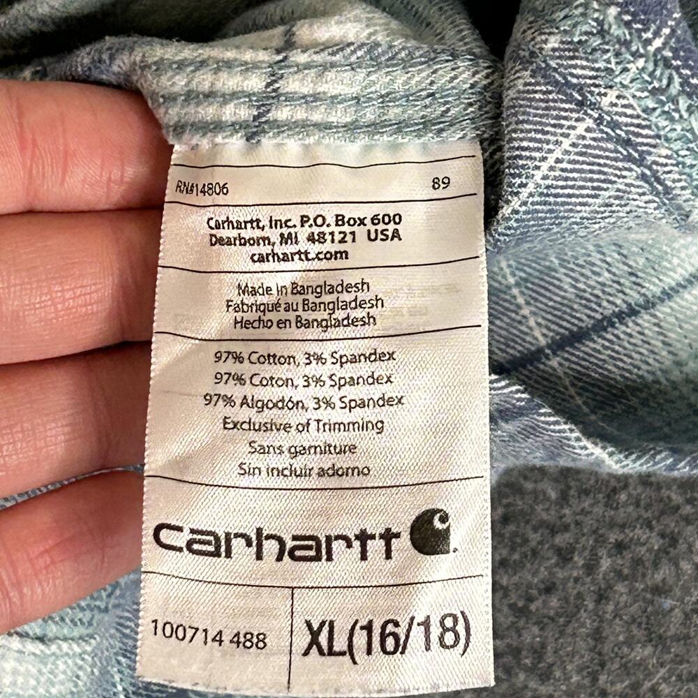 Carhartt Shirt Womens XL 16-18 Blue Plaid Flannel Long Sleeve Button Up Stretch - Picture 6 of 10